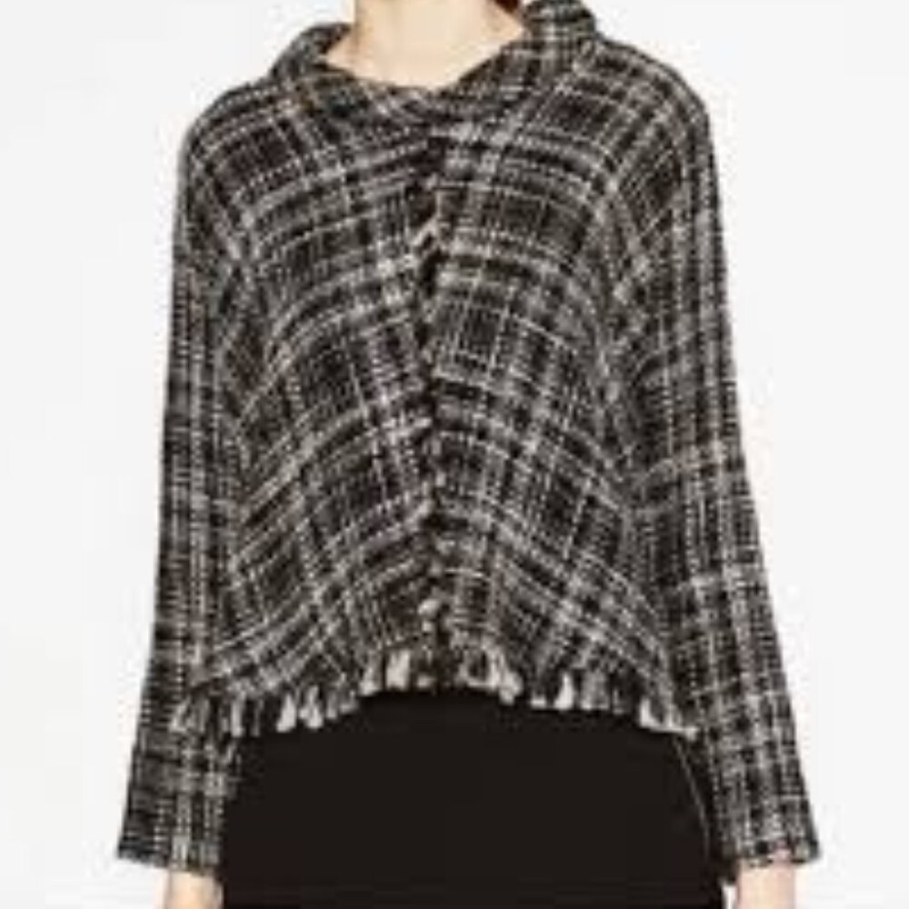 Zara Black Green Plaid Tweed Fringe Mock Neck Sweater - XS
